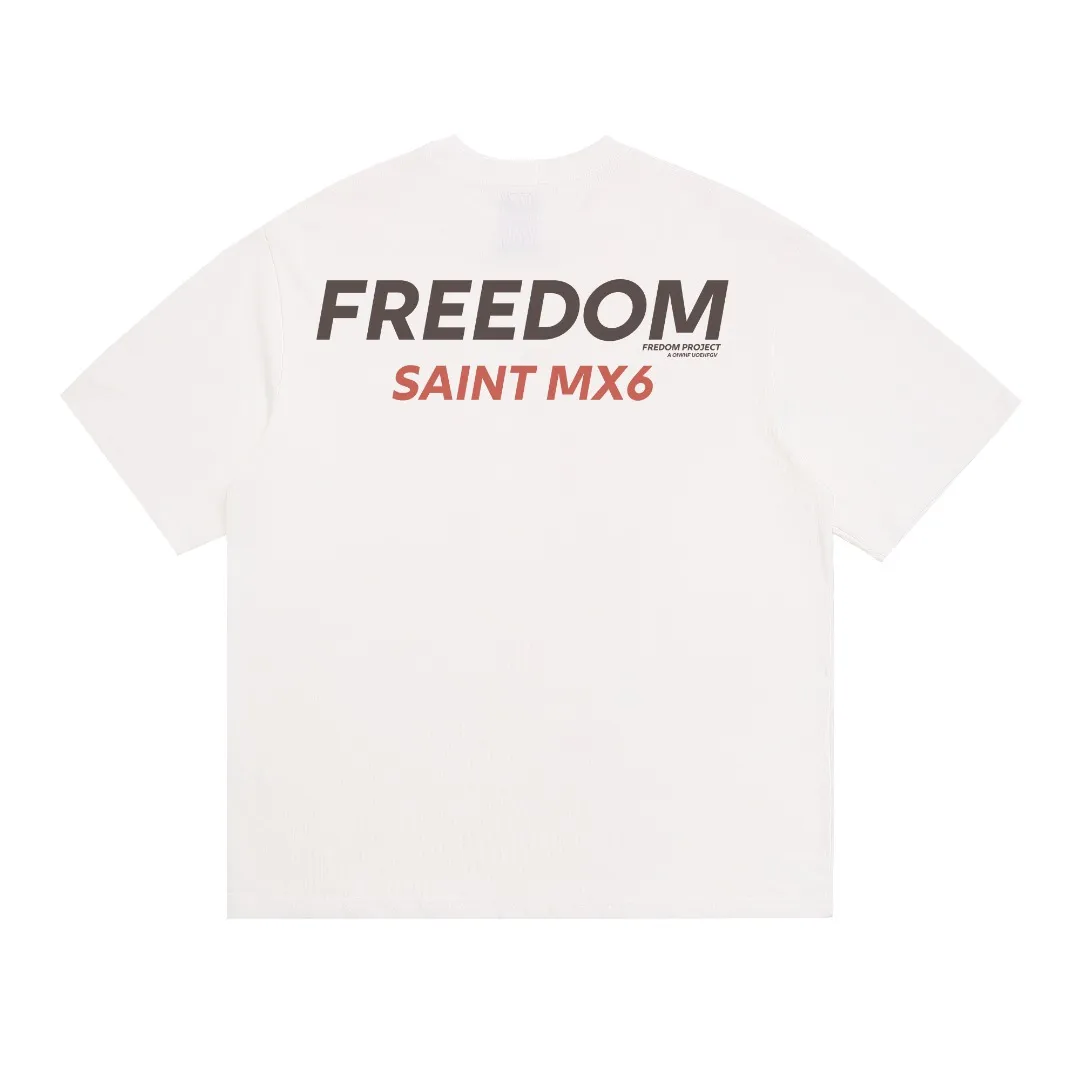 Saint Michael x FREEDOM tee space comic print distressed retro Vintage loose short-sleeved T-shirt with digital white ink direct injection, the fabric is breathable and the pattern is three-dimensional and clear. Fabric: Double yarn 240g Style number: S912 Size: S-M-L-XL Color: White Price: P110